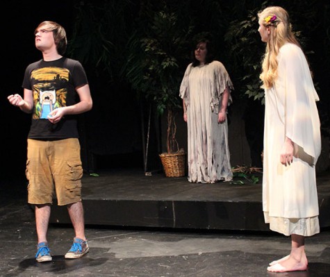 Junior Ben Berkebile (left), senior Erin Cain (center) and sophomore Erica Mendel (right) perform in “Moon’s Companion.”