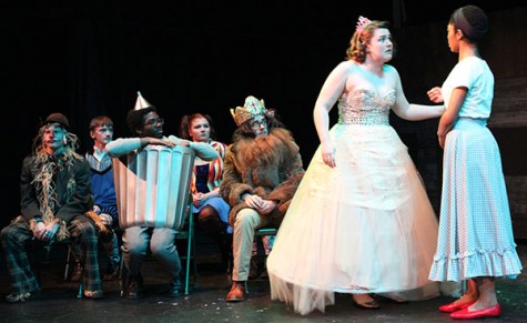 From left to right, freshman Michael Cadden, sophomore Mark Bambino, junior Demar Watson, freshman Elizabeth Baldinger, sophomore Thomas Messer, senior Sadie Sprankle and freshman Temperance Moore perform in “The Wizard of Loz and Order.”  