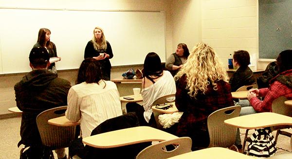 Thursday, Finer Things Club President Lindsey Bonsell (right) along with Vice President Molly Ager (left) talk about their fine arts club in Biddle Hall.