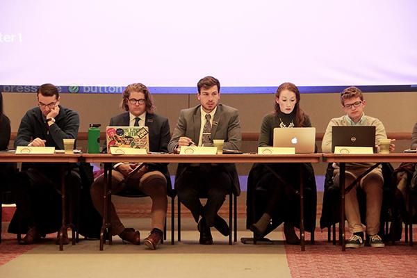At a March 14 student government meeting, President Kyle Maguire talks about a petition asking that Advocate funding be cut. Debate was not brought up at the meeting.