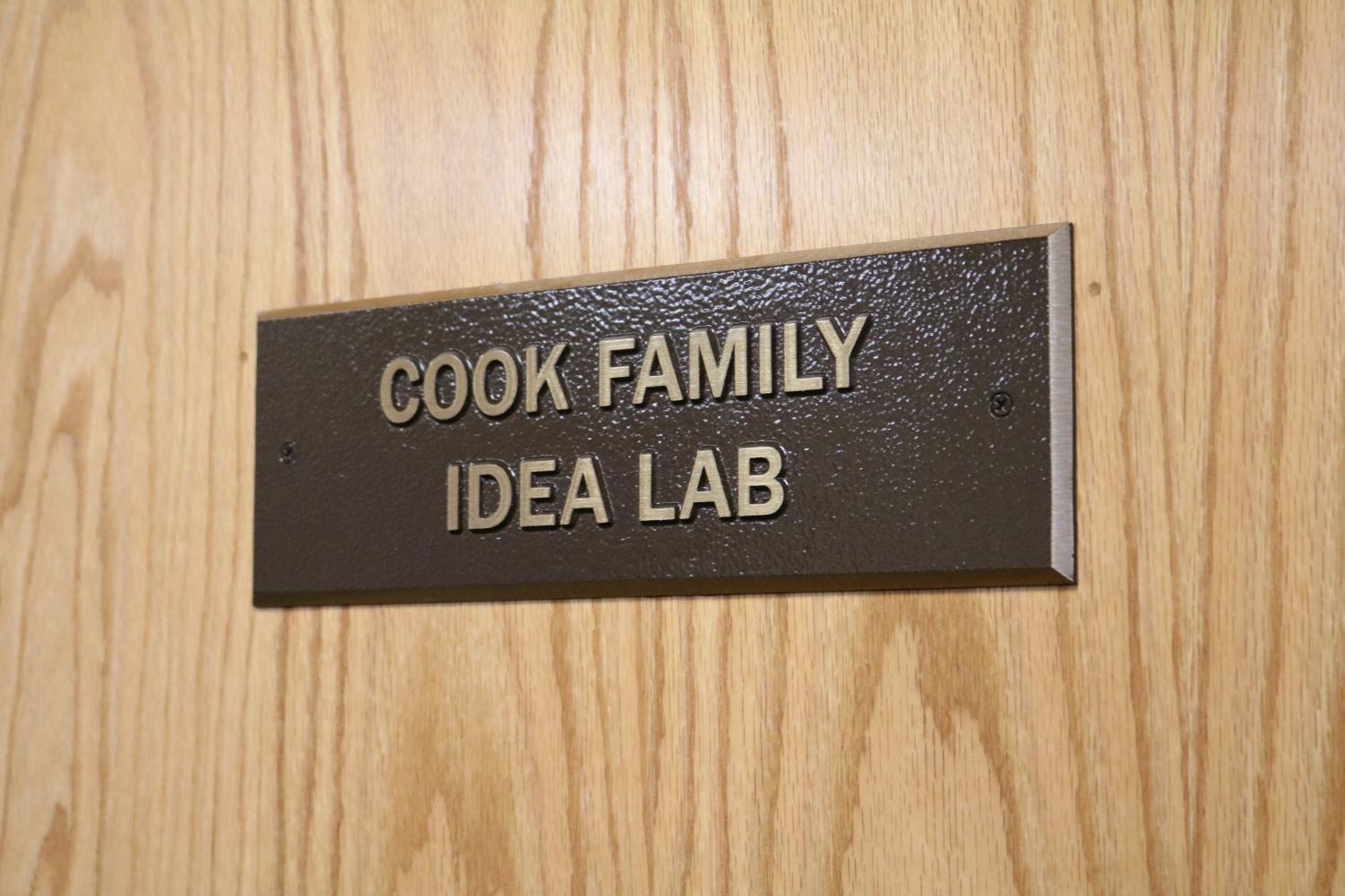 The Cook Family Idea Lab, in 132 Biddle Hall, is a room with ample whiteboard space for students to develop their ideas.