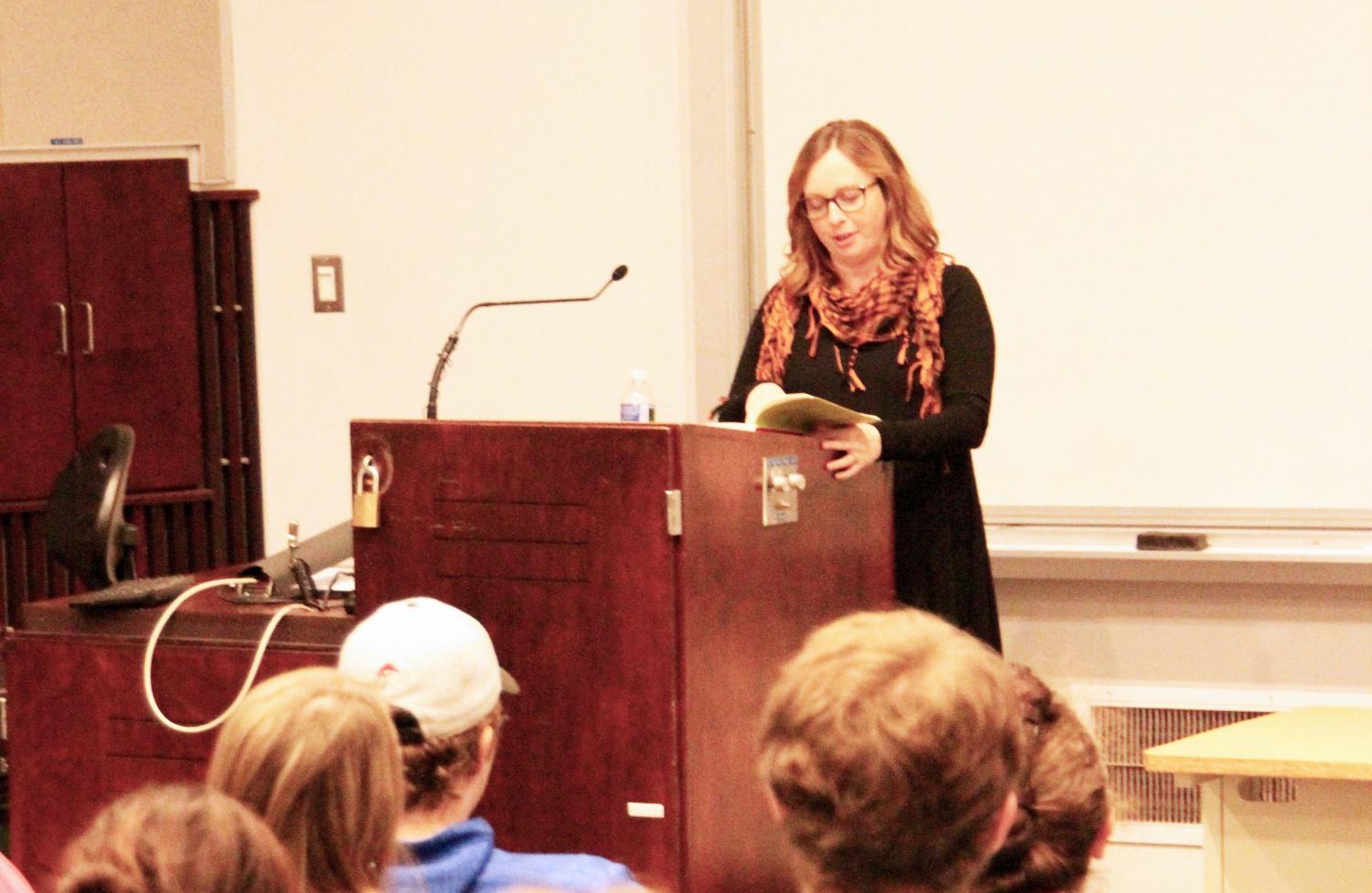 Second Fall Reading Series speaker Marissa Landrigan reads to the audience from her book, “The Vegetarian’s Guide to Eating Meat: A Young Woman’s Search For Ethical Food” Oct. 19 in Blackington Hall.