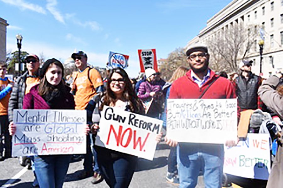 Junior+Kristy+Speranza%2C+freshman+Maddie+Brown+and+sophomore+Chris+Nichols+brought+signs+to+the+national+March+for+Our+Lives+last+Saturday.+