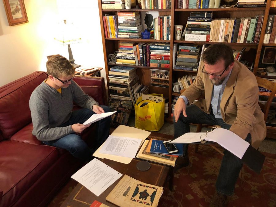 Senior+Sam+Miller+%28left%29+reads+his+lines+for+a+major+role+in+%E2%80%9CCanfessional%2C%E2%80%9D+a+film+in+three+parts+that+history+professor+Paul+Newman+%28right%29+wrote+and+is+directing+for+entry+in+film+festivals.+