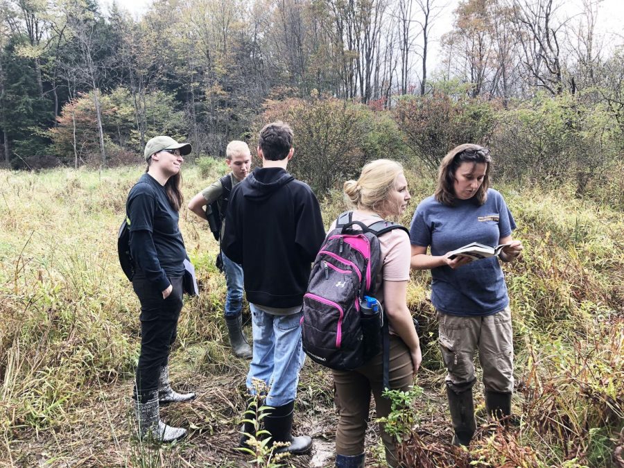 Students+work+with+geography+professor+Mitzy+Schaney+%28right%29+to+identify+vegetation+Oct.+4.