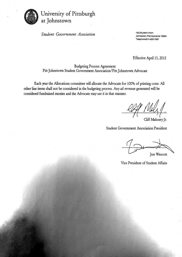 A+2012+agreement+was+signed+on+behalf+of+The+Advocate+by+former+Student+Affairs+Vice+President+Jon+Wescott+with+former+student+government+President+Cliff+Maloney+Jr.+The+agreement+stated+that+the+allocations+committee+would+fund+100%25+of+The+Advocate%27s+printing+costs.+The+Advocate+is+funded+through+the+student+activity+fee+and+Student+Affairs.+Student+Affairs+has+agreed+to+pay+for+The+Advocate%27s+printing+costs+since+the+amount+could+not+be+allocated+through+the+student+activity+fee.
